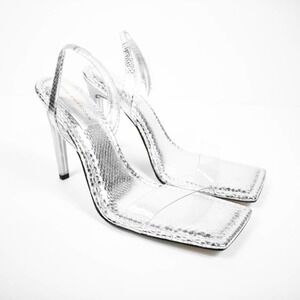 Good American Silver Strappy Open Toe High Heels Square Toe Snake Women Size‎ 10